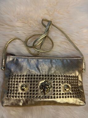 Pinky Bags Metallic Gold Studded Lion head Genuine Leather Clutch crossbody